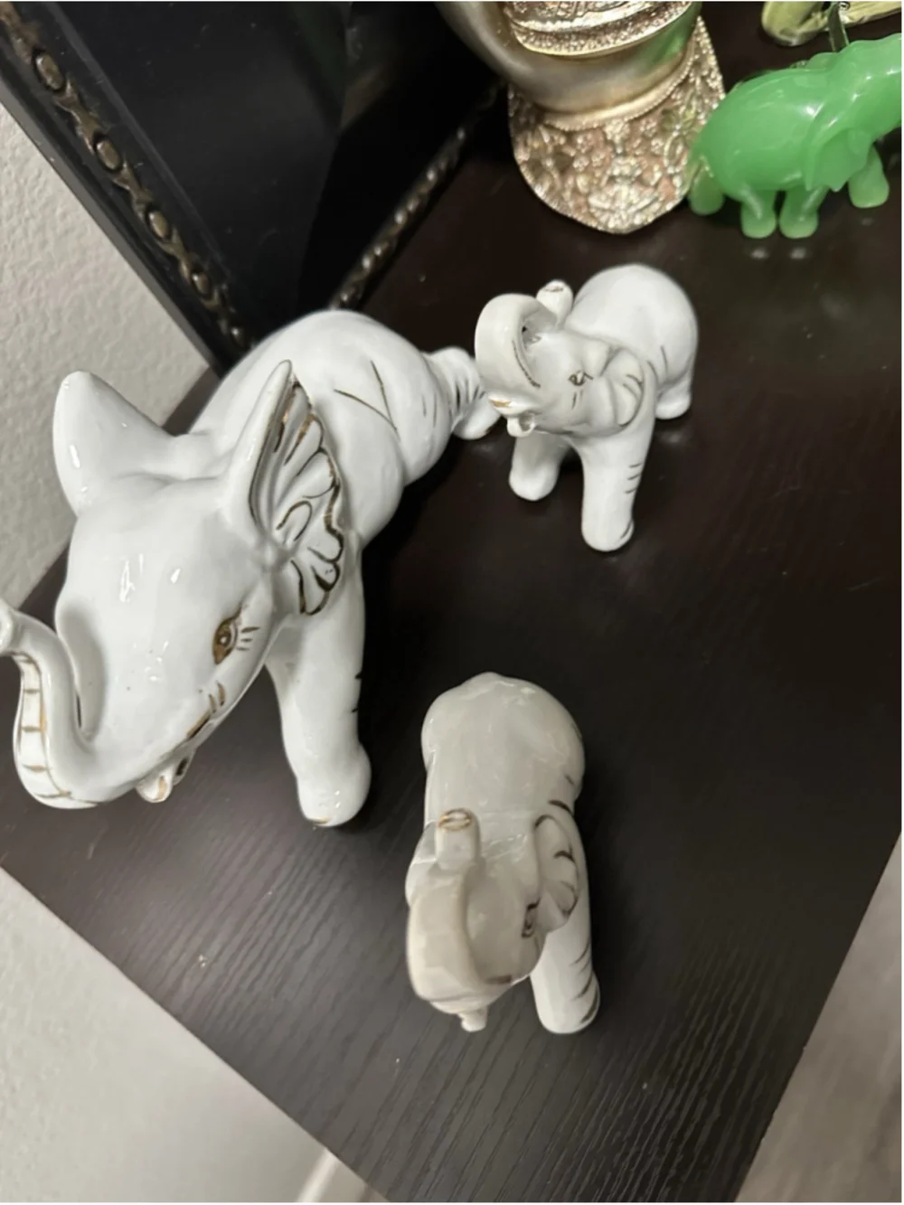 Set of 3 White Porcelain Elephant Figurines with Gold Accents - Figurine Set